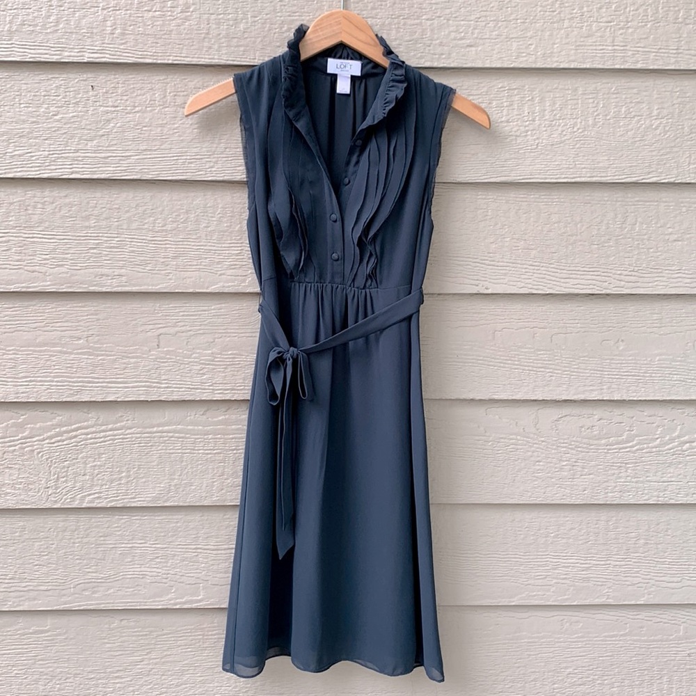 Ann Taylor Loft Navy Dress Tuxedo Ruffle Collar Bib Button Up